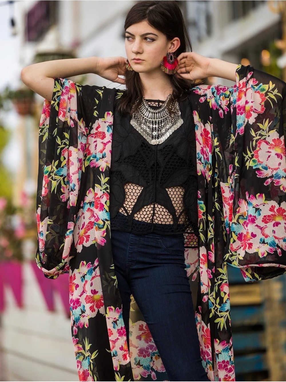 Jennafer Grace Semi Sheer Floral Kimono Dress Duster Black Floral Large no belt